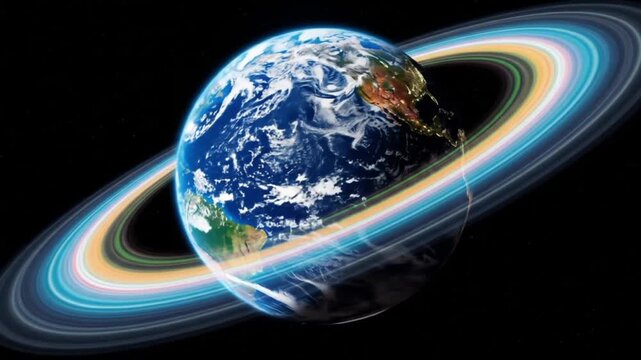 A mesmerizing video showing the Earth rotating on its axis against the dark backdrop of outer space. Visible are detailed continents, oceans, and a glowing atmosphere illuminated by sunlight. This vis