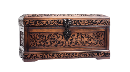  Ornate carved wooden treasure chest with intricate patterns and designs showcasing isolated on a transparent background