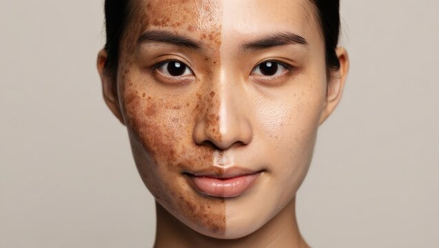 Before and after comparison of melasma on female face, visible pigmentation spots contrasted with even skin tone after active treatment and brightening care, Selective Focus