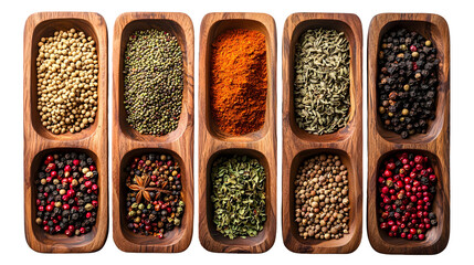  Overhead view of an assortment of various colorful spices herbs isolated on a transparent background