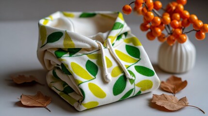 Stylish folded hoodie with leaf pattern and autumn decorations on a table