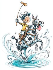 Energetic rider on splashing horse with wild movement in fantasy water derby scene