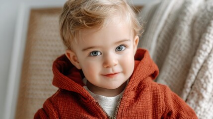 Young child wearing warm jacket sitting indoors in cozy setting during a calm afternoon