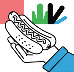 Hand holding delicious hot dog with colorful abstract background graphic