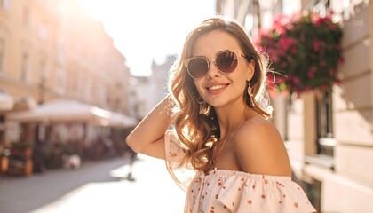 Smiling woman in a pretty dress on a sunny city street