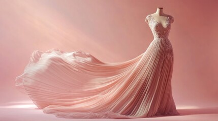 A flowing silk evening dress displayed on a mannequin elegant pleated design with intricate lace details soft lighting enhances the texture solid pastel pink background 