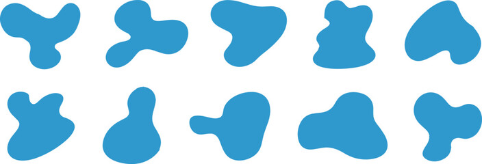 Abstract fluid blob shapes set, organic liquid form collection, blue geometric amorphous design elements for modern background decoration
