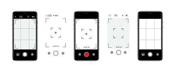 Obraz na płótnie Canvas Viewfinder Camera interface in phone screen. Photo, video ui in cellphone. App for record from mobile cam. Grid, focus, button and rec. Smartphone mockup. Vector.