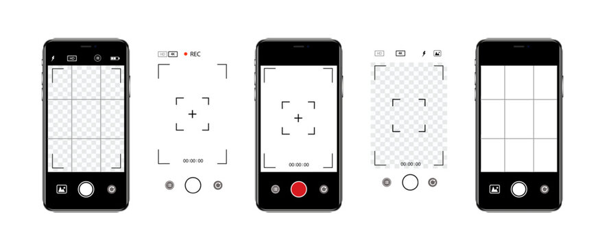 Viewfinder Camera interface in phone screen. Photo, video ui in cellphone. App for record from mobile cam. Grid, focus, button and rec. Smartphone mockup. Vector.