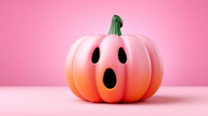 A pink pumpkin with a scary face on it. The pumpkin is sitting on a pink background. The pumpkin has a scary face with wide eyes and a mouth open