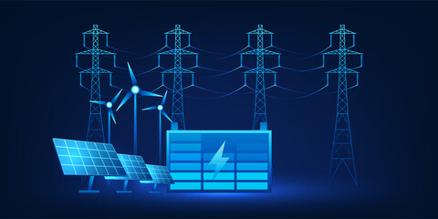 Future energy storage concept illustration, large battery storing electricity from solar panels and high voltage power towers, symbolizing renewable energy, smart grid, and sustainable technology