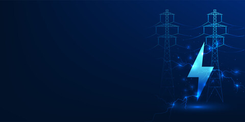 High voltage electric pole with lightning symbol represents modern energy technology, energy use and clean energy innovation that combines natural energy with solar energy from solar cells.