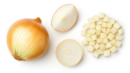 Fresh Onion, Whole, Halved, and Diced Pieces isolated on White Background