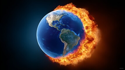 A close up of a planet with a fire surrounding it. The fire is so close to the planet that it is engulfing it. Concept of danger and destruction, as the fire threatens to consume the planet