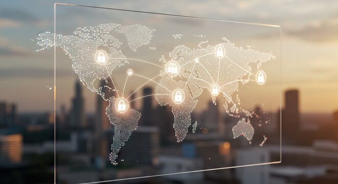 A world map overlay with padlock icons and connecting lines is displayed against an urban skyline