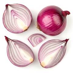 Red Onion, Whole And Sliced Pieces Isolated on White Background