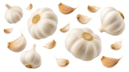 Fresh Garlic Bulbs and Cloves Isolated on White Background