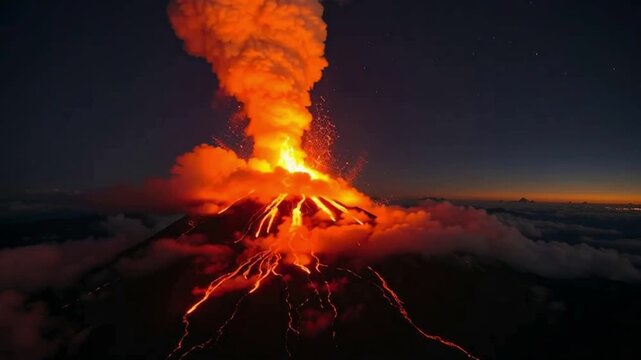 Fiery Volcanic Eruption at Night with Glowing Lava, Smoke, Ash Clouds, and Intense Orange Red Glow Lighting Up Dark Sky