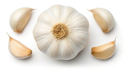Fresh Garlic Bulb with Cloves on White Background