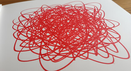 Abstract red scribbles art on white paper creating a chaotic doodle pattern
