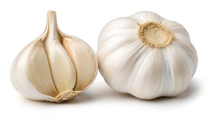 Fresh Garlic Bulb and Cloves on White Background