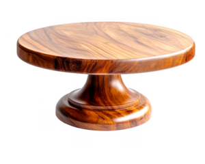 Round wooden cake stand featuring pedestal base crafted elegantly on transparent background