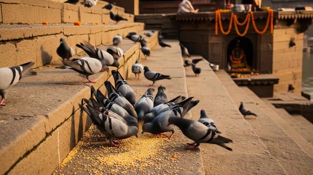 Pigeons Feeding on Grain during Pitru Paksha  Offering Food to Ancestors in Sacred Varanasi  India