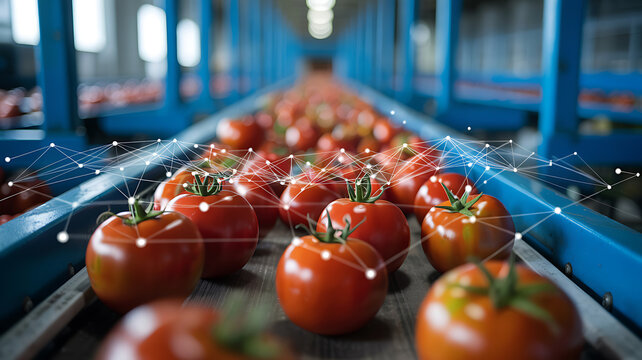 Fresh red tomatoes on a conveyor belt with digital network overlay