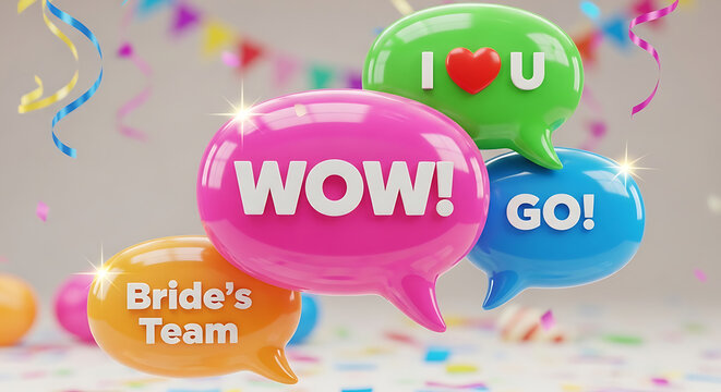 Vibrant speech bubbles with celebratory messages like "WOW!", "GO!", "Bride's Team", and "I ❤️ U" float amidst confetti and festive bunting, suggesting a joyous occasion.