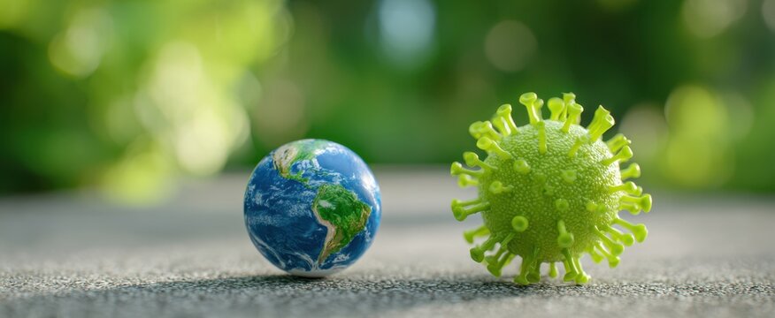 The Earth model confronting oversized green virus symbolizing global pandemic and environmental vulnerability