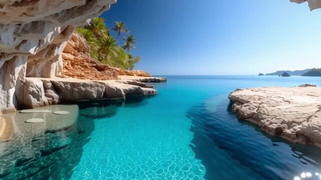 Serene Tropical Cove with Turquoise Water, Rocky Cliffs, Palm Trees, and Stunning Coastal Cave Offering Picturesque Views
