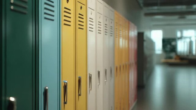 Row of colorful metal lockers in a long school hallway, transitioning from orange to blue.