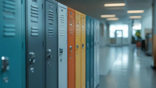 Colorful metal lockers in a school hallway, rows of doors in yellow, pink, blue and teal.