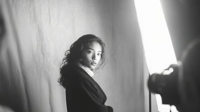 A woman with curly hair poses in a studio, lit by a bright key light, while a photographer shoots her portrait.