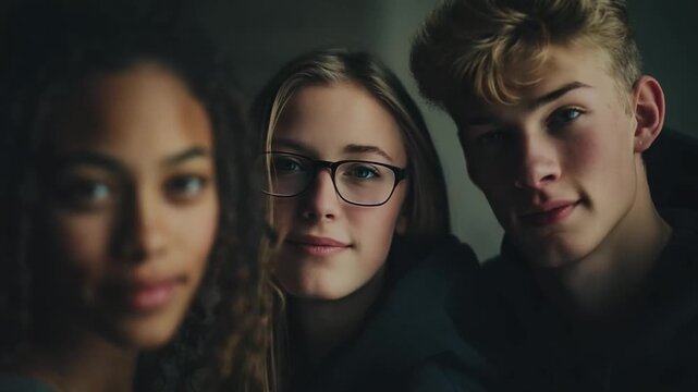 Three friends take a close-up group selfie indoors, looking at the camera with relaxed smiles.