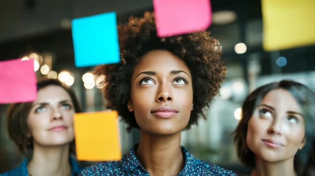 Creative women collaborating and brainstorming ideas using sticky notes