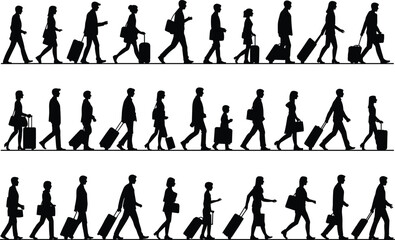 Silhouettes of travelers walking with luggage, men women children, airport journey concept, black people icons, business trip travel illustration