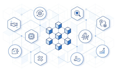 Blockchain technology.  blockchain icons with digital hexagon background. editable stroke vector illustration.	

