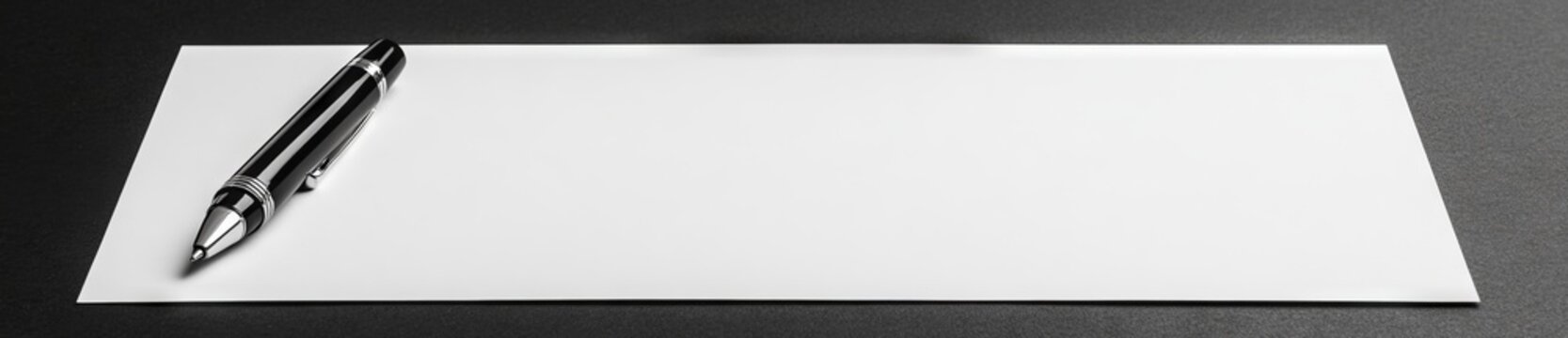 A sleek pen resting on a blank sheet of paper against a dark background
