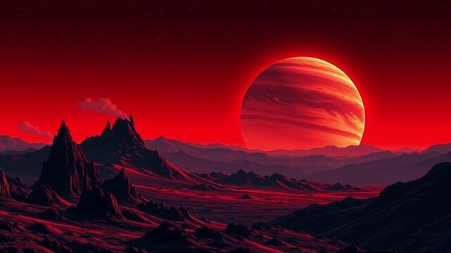 Surreal Red Alien Landscape with Jagged Mountains, Glowing Sky, Extraterrestrial Atmosphere, Vast Desert, and Otherworldly Red