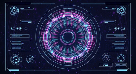 Advanced holographic user interface displaying intricate data visualization with glowing pink and blue elements on a dark background.