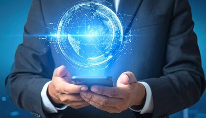 Business professional holding smartphone — holographic globe above device signals global connectivity and digital command.