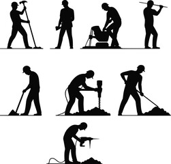 Obraz premium Silhouettes of construction workers using tools, digging, drilling, shoveling, operating machinery, manual labor, industrial work poses, construction equipment usage