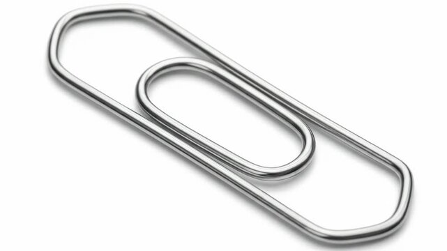A macro shot of a silver metal paperclip lying on a white surface. Its shiny surface reflects light, casting a soft shadow below