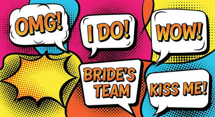 Colorful comic book style speech bubbles displaying wedding-related exclamations and phrases.