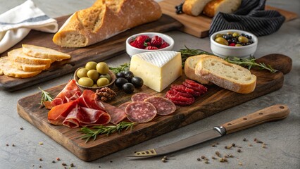 Elegant charcuterie board arrangement showcasing a variety of meats, cheeses, and fresh accompaniments on a wooden platter