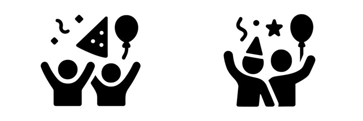 Celebration symbols featuring cheerful figures with confetti, balloons, and party hats at a festive gathering