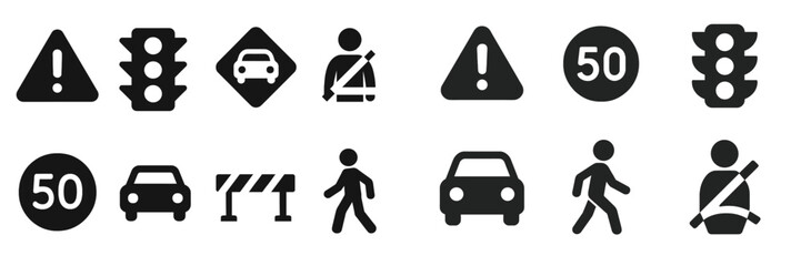 Traffic signs and symbols illustrating road safety and regulations in a city