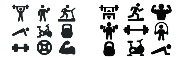 Collection of diverse fitness icons showing various exercise activities and gym equipment for physical training