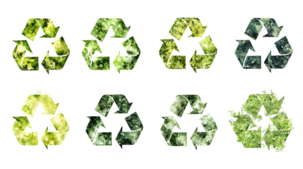 Set of recycling symbol icons in various shades of green color representing environmental isolated on a transparent background.